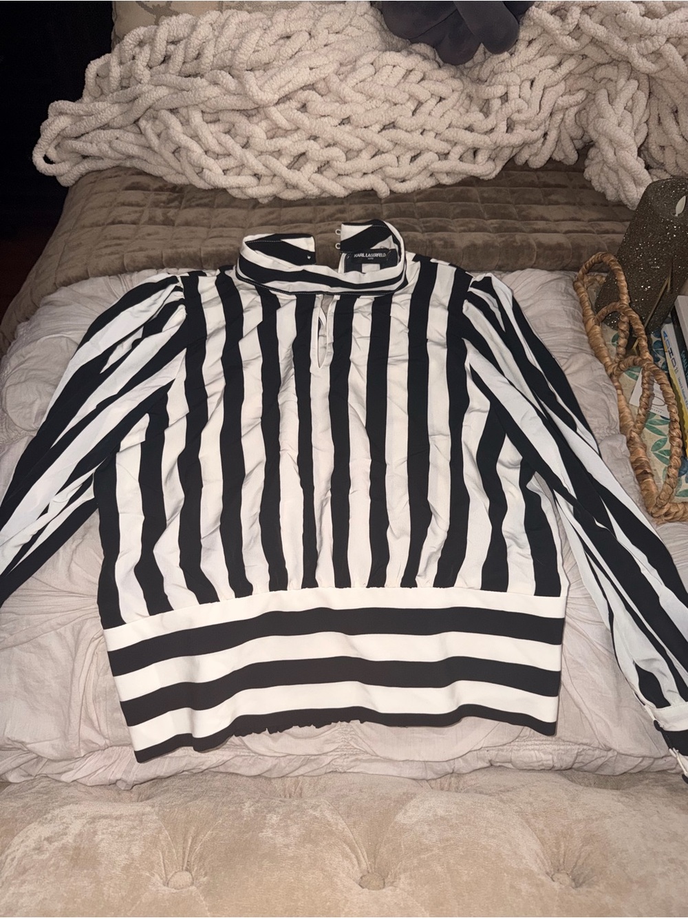 Karl Lagerfeld Black and White Striped Mock Neck Blouse Large